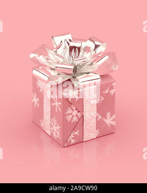 Rosa giftbox con argento lucido di prua e nastri. I fiocchi di neve modello su carta. Realistiche in 3D rendering. Foto Stock