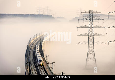 Treno, bridge, alta tensione poli, nebbia Foto Stock