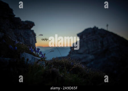 Alba sul Hoher Burgstall montagna, Alpi dello Stubai, Tirolo, Austria Foto Stock