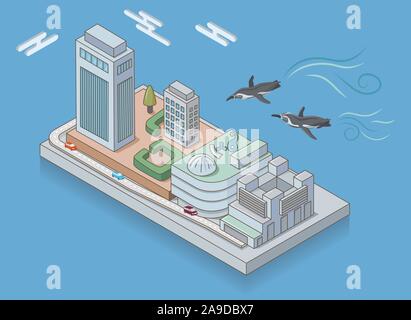 Il Sunshine City e battenti pinguini in Ikebukuro, Tokyo. Sfondo blu.illustrazione isometrica. Sole acquario con pinguino peruviana.Humboldt. Foto Stock