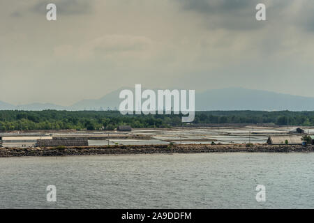 Lungo il fiume Tau, Vietnam - Marzo 12, 2019: a Thieng Lieng appena fino dalla bocca del fiume: teso open water sanitation e lavorazione surrou Foto Stock