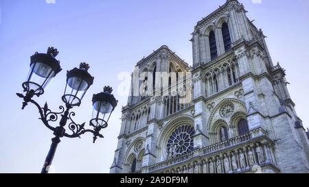 La cattedrale di Notre Dame al crepuscolo, Parigi, Ile de France, Francia Foto Stock