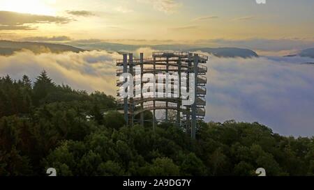 Percorso tettoia Saarschleife sul Cloef vicino Orscholz e la Saar loop nella nebbia mattutina, Mettlach, Saarland, Germania Foto Stock