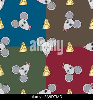 Carattere di ratto vector seamless pattern. Mouse animale con il formaggio. Felice anno nuovo simbolo del 2020. Disegnata a mano Cartoon carino animali domestici sfondo. Illustrazione Vettoriale