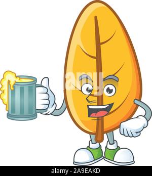 Tenendo il succo su mascotte cartoon giallo Foglie di autunno Illustrazione Vettoriale