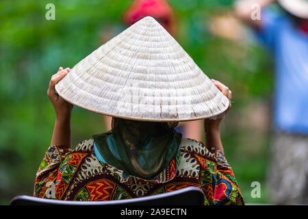 Close up e messa a fuoco selettiva su una donna che indossa asiatici cappello conico e colorati abiti tradizionali visto dal retro, con copia spazio e lo sfondo sfocato Foto Stock