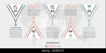 Vettore infografico piatto modello. Triangolo di linea con il testo e le icone per cinque diagrammi, grafico, diagramma di flusso, timeline, marketing, presentazione. Azienda Illustrazione Vettoriale