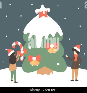 Carino vacanze illustrazione vettoriale con felice piccolo popolo decorare un enorme albero di natale nella neve Illustrazione Vettoriale