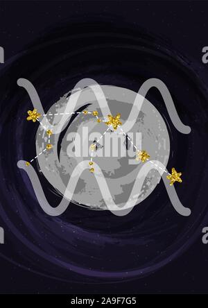 Zodiac Aquarius cartello A4 stampa poster con simbolo di costellazione. Illustrazione Vettoriale banner. Illustrazione Vettoriale