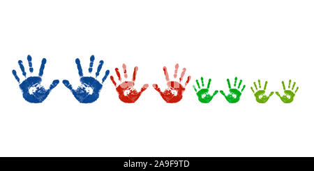 Famiglia, handprints colorati Foto Stock