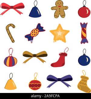 Una serie di decorazioni di Natale di giocattoli su uno sfondo bianco. Holiday cartoon illustrazione Illustrazione Vettoriale