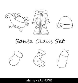 Santa Claus set di abbigliamento in stile doodle su uno sfondo bianco. Silhouette piatta illustrazione dello stile Illustrazione Vettoriale