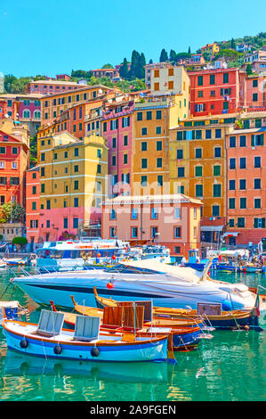 Barche e yacht nel porto di Camogli cittadina sulla soleggiata giornata estiva, Genova, Italia Foto Stock