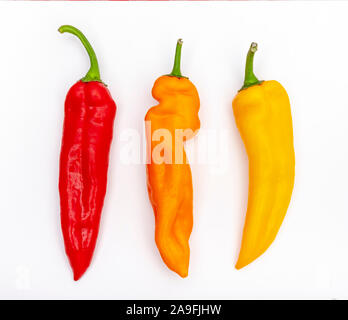 Tre peperoni in rosso, arancio e giallo su sfondo bianco Foto Stock