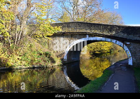 Ponte a Leeds Liverpool canal, Bingley, in autunno Foto Stock
