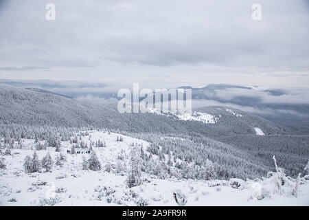 Inverno bellissimo paesaggio di montagna. Paesaggio invernale con neve fresca in una foresta di montagna Foto Stock