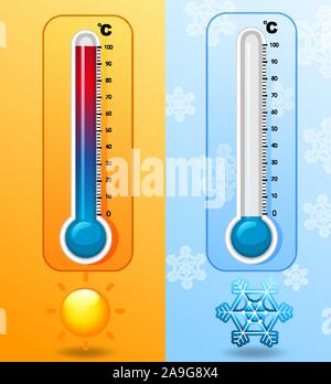 Due termometri al caldo e al freddo illustrazione Illustrazione Vettoriale