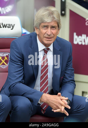 Manuel Pellegrini Manager del West Ham Utd durante il West Ham vs Manchester City Premier League match al London Stadium Sabato 10 Agosto 2019- Foto Stock