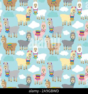 Senza Cuciture, Tileable Llama E Cactus Modello O Sfondo Illustrazione Vettoriale