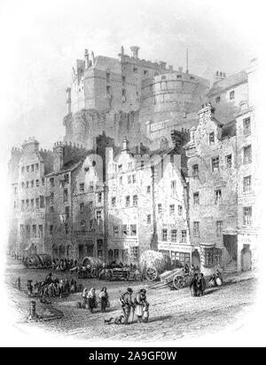 Una incisione del mercato di erba (Grassmarket) Edinburgh scansionati ad alta risoluzione da un libro stampato nel 1859. Ritiene copyright free. Foto Stock