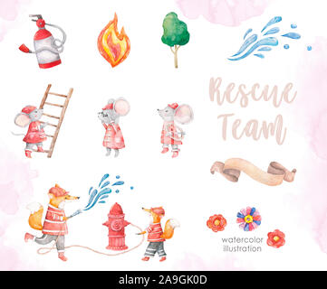 carino cartone animato due volpe set di illustrazioni acquerello muse e strumenti antincendio. Baby colorful nursery clip art Set Fireman, piccoli eroi Foto Stock