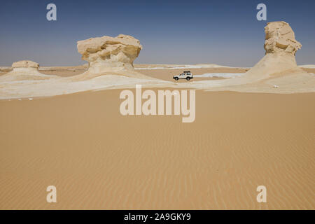 Egitto, Farafra, Nationalpark White Desert , come funghi chalk rocks sagomato dal vento e la sabbia erosione/ AEGYPTEN HA, Farafra, Nationalpark Weisse Wueste, durch Wind und sabbia Kalkfelsen geformte Foto Stock