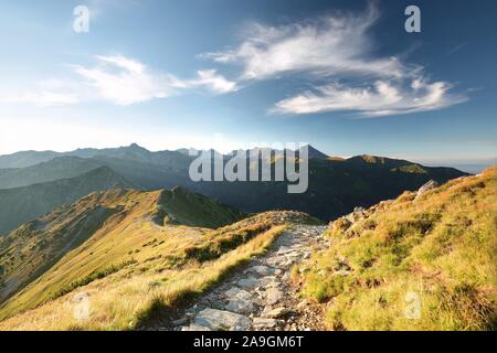 Sentiero in Monti Tatra durante il sunrise. I Monti Tatra sono le vette più alte dei Carpazi sulla frontiera polacco-slovacca. Foto Stock