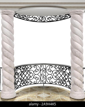 Balcone in ferro battuto recinzione e colonne tortili su uno sfondo bianco 3D'illustrazione 3D rendering Foto Stock