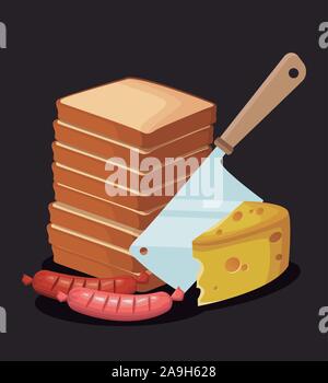 Pila di pani con un pezzo di formaggio e salsicce Illustrazione Vettoriale