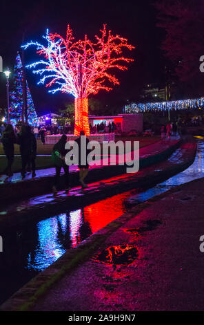 Bournemouth, Dorset, Regno Unito. 15 novembre 2019. Migliaia di visitatori, famiglie e bambini entusiasti si riversano nei Bournemouth Gardens sfidando il freddo per l'apertura del Bournemouth Christmas Tree Wonderland. Torna per il suo secondo anno con un display ancora più grande e migliore con oltre 100 alberi scintillanti e luci. Alcuni degli alberi sono tematici per rappresentare sei città in tutto il mondo. I visitatori possono seguire il sentiero. Crediti: Carolyn Jenkins/Alamy Live News Foto Stock