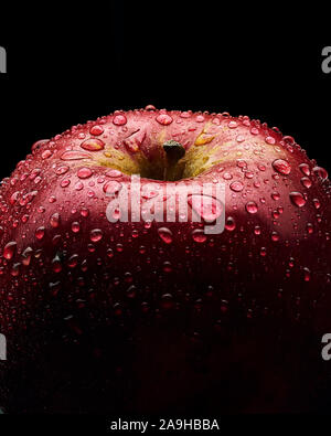 Red apple con grandi gocce di acqua. Close up foto. Sfondo nero. Foto Stock