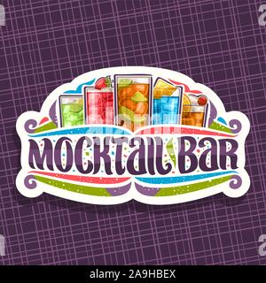 Il logo del vettore per Mocktail Bar, cartello bianco bordo con 5 bevande analcoliche, originali scritte per parole mocktail bar, coriandoli e fiorisce, soft c Illustrazione Vettoriale