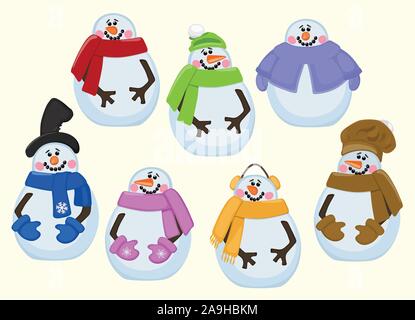 Raccolta di Simpatici pupazzi di neve. Anno nuovo Natale. Decorazione. Illustrazione Vettoriale. Illustrazione Vettoriale