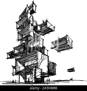 Disegnata a mano illustrazione astratto del moderno edificio futuristico o tower Illustrazione Vettoriale