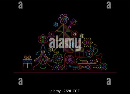 Colori al neon sagome isolate su uno sfondo nero albero di Natale illustrazione vettoriale. Illustrazione Vettoriale