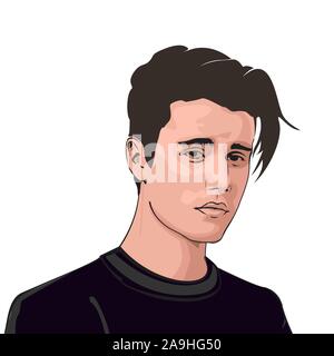 Justin Bieber line art, cartone ritratto, bighead vettore. Cantante famoso in America. Design per t-shirt, banner, social media post. Illustrazione Vettoriale