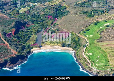 Vista aerea della costa meridionale di Kauai con piantagioni di caffè vicino a Poipu Kauai Hawaii USA Foto Stock