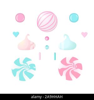 Confezione candy set. Bianco e rosa marshmellows, lecca-lecca, glassa, diversi condimenti per la pasta e pasticceria, Illustrazione Vettoriale