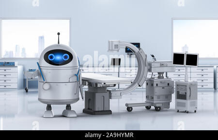 La tecnologia medica concetto con 3D rendering androide robot con braccio a C la macchina Foto Stock