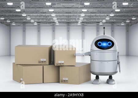 3D rendering androide robot in magazzino con scatola di cartone Foto Stock