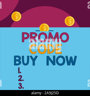 Testo della scrittura del codice promo acquista adesso. Foto concettuale dando grande sconto immettendo parole speciali vista frontale ravvicinata penny tre monete una icona e Foto Stock