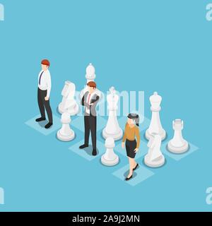 Appartamento 3D isometrica team aziendale in piedi con gli scacchi. Strategia di Business concetto. Illustrazione Vettoriale