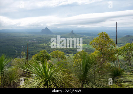 Casa di vetro montagne sulla costa del sole in Australia con più grande mount beerwah in background Foto Stock