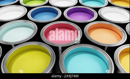 Gruppo di metallo barattoli di vernice con colori vibranti. 3D'illustrazione. Foto Stock