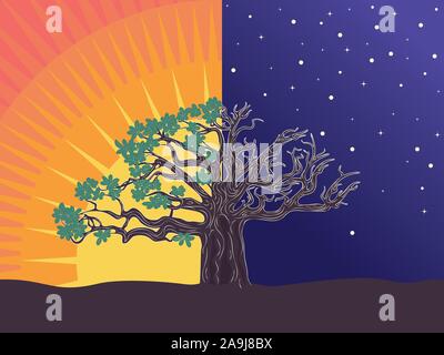 Silhouette stilizzata del grande albero di notte e del tramonto sullo sfondo della scena. Illustrazione Vettoriale