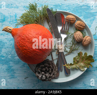 Frontiera, castagne, coni, zucca, pigne, felice giorno del ringraziamento, cena di ringraziamento Foto Stock