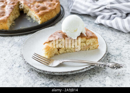 Pane appena sfornato semplice torta di mele Charlotte su grigio sfondo tabella. Pan di Spagna. In casa classica crostata di frutta. Foto Stock