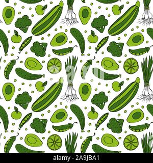 Modello senza cuciture con verde disegnata a mano di frutta e verdura. Delineare gli oggetti colorati su sfondo bianco. Vector illustartion. Illustrazione Vettoriale