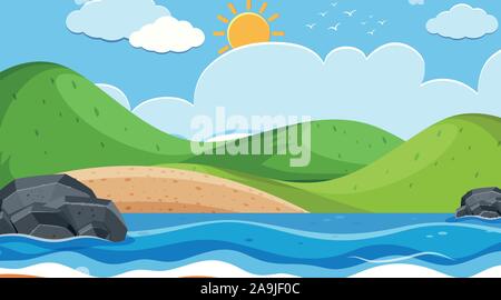 Landscape design di sfondo del mare con piccole colline illustrazione Illustrazione Vettoriale