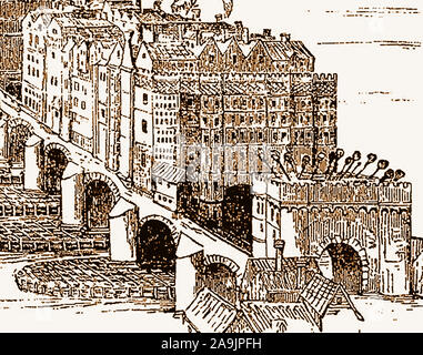 Una vista storica del vecchio ponte di Londra (1209-1831), con i suoi edifici e le teste dei criminali e traditori, infilzato su pali sopra l'arco al suo ingresso. Foto Stock